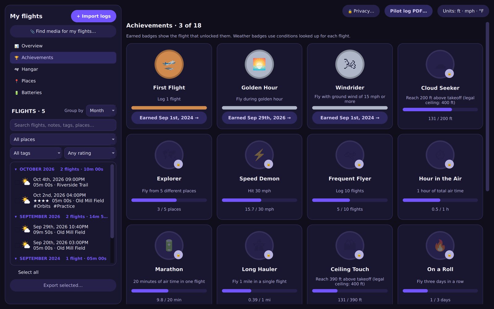 Achievement badges such as First Flight, Golden Hour and Windrider