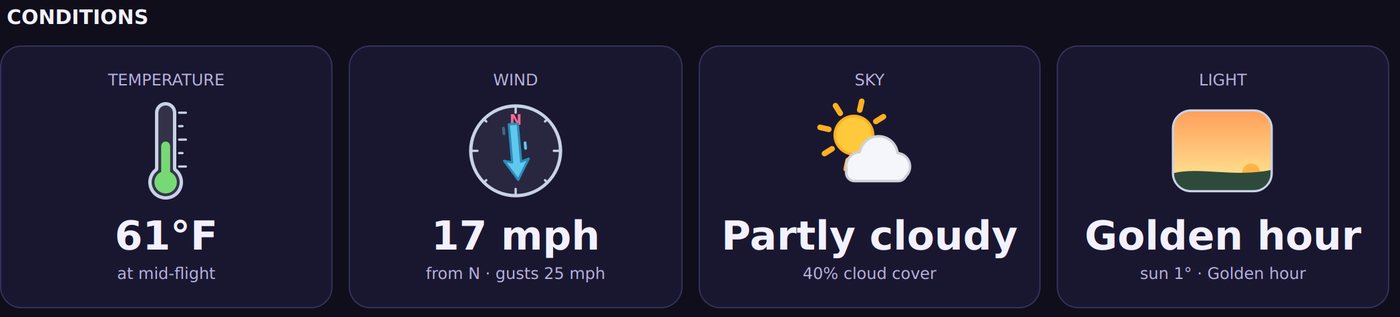 Weather and light for a flight: temperature, wind, sky and golden hour