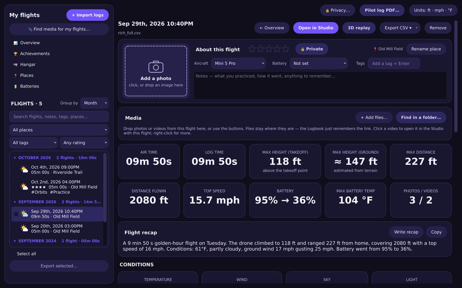 A flight's page with air time, heights above takeoff and ground, speed and battery